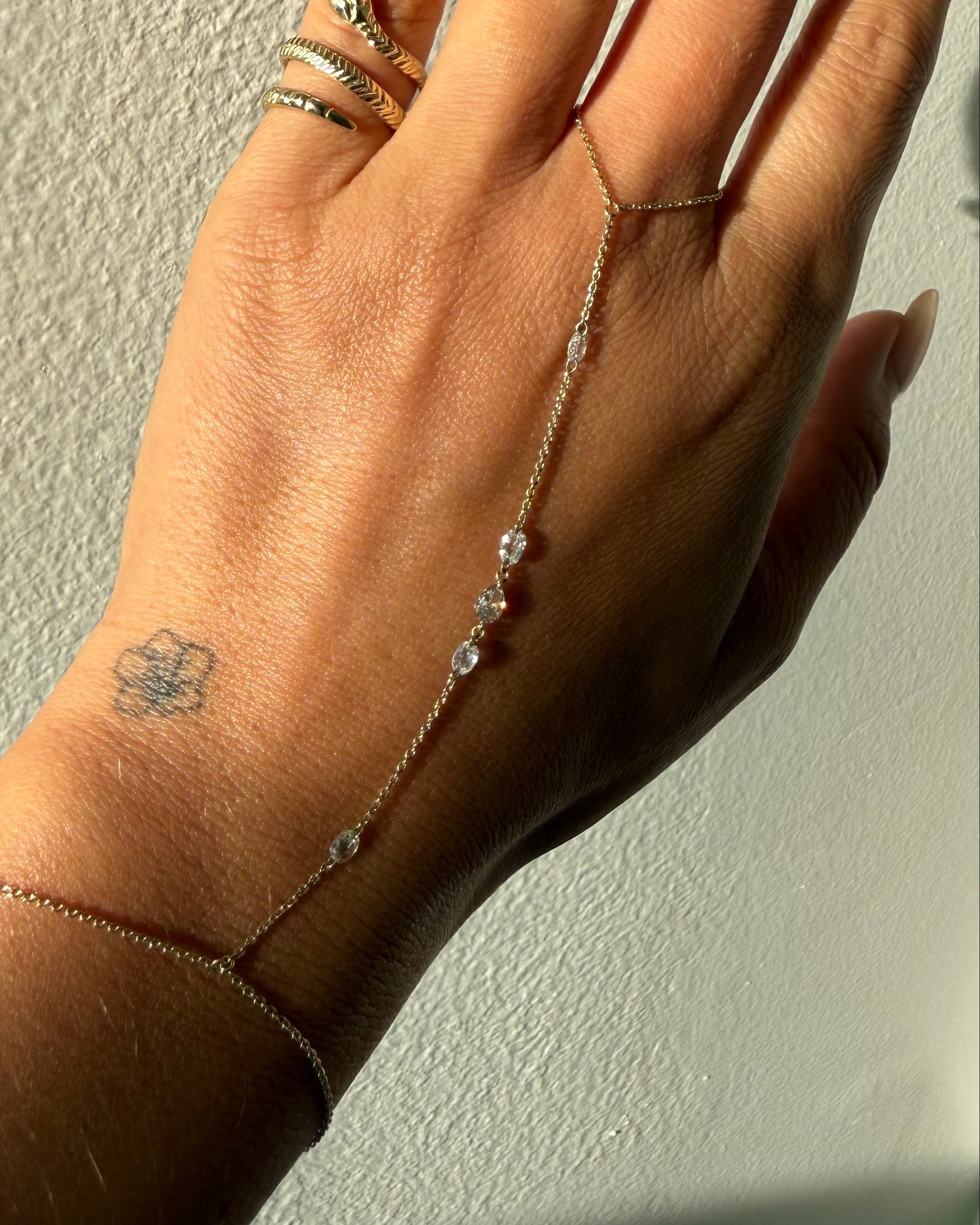 14K Floating Antique Rose Cut Diamond Hand Chain