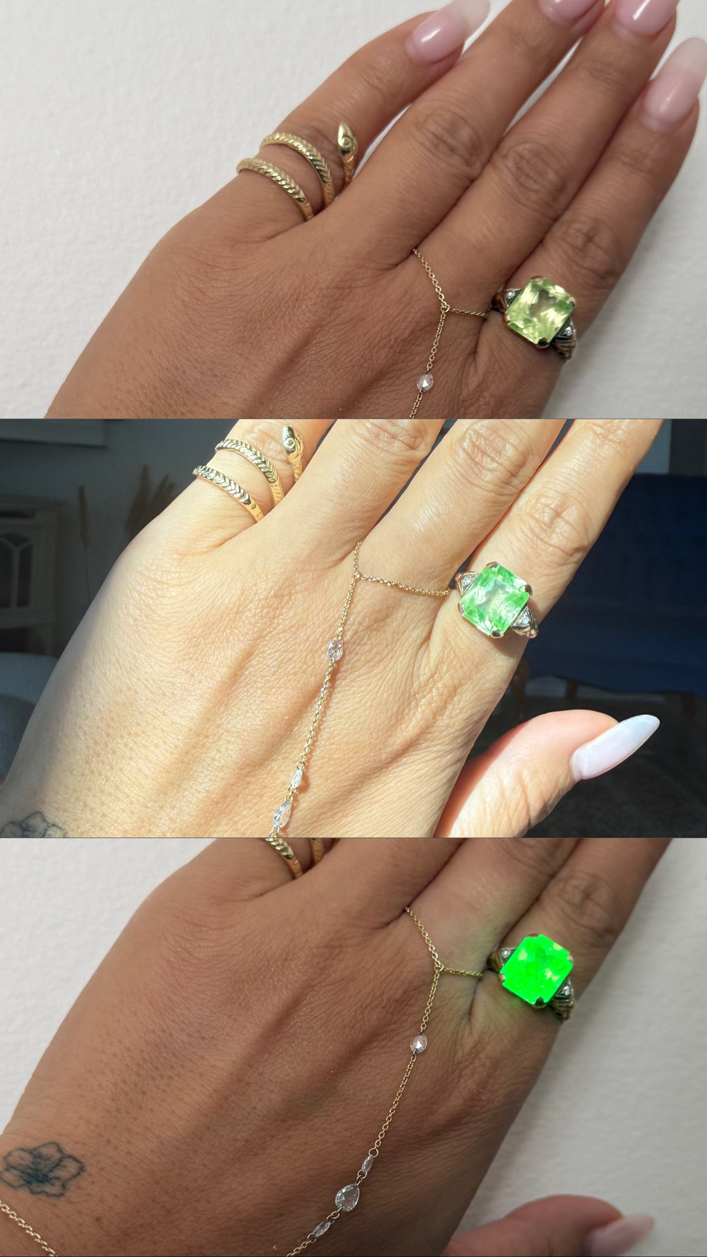 Art Deco 14K Green Glass & Diamond Ring