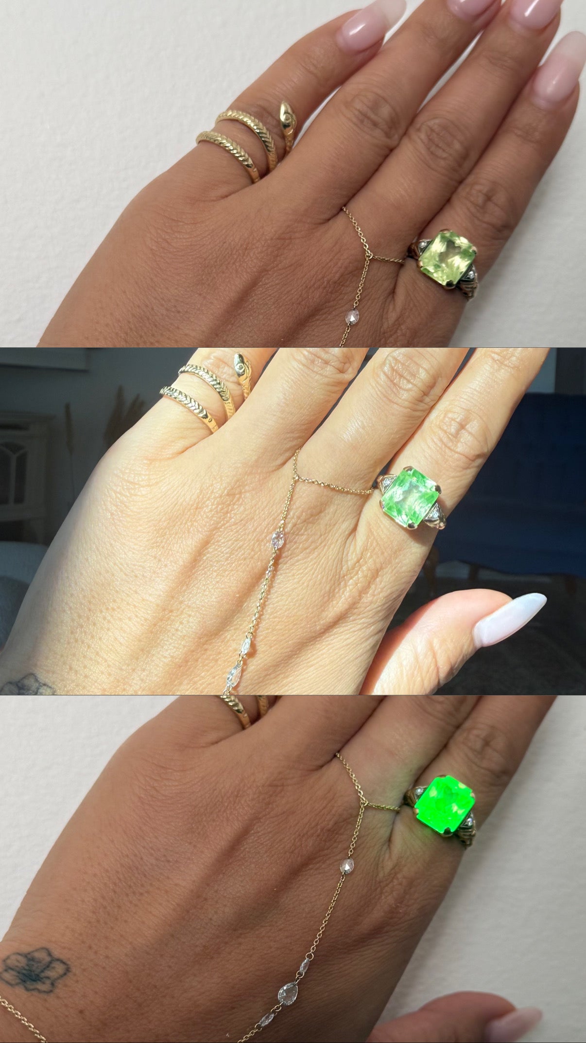 Art Deco 14K Green Glass & Diamond Ring