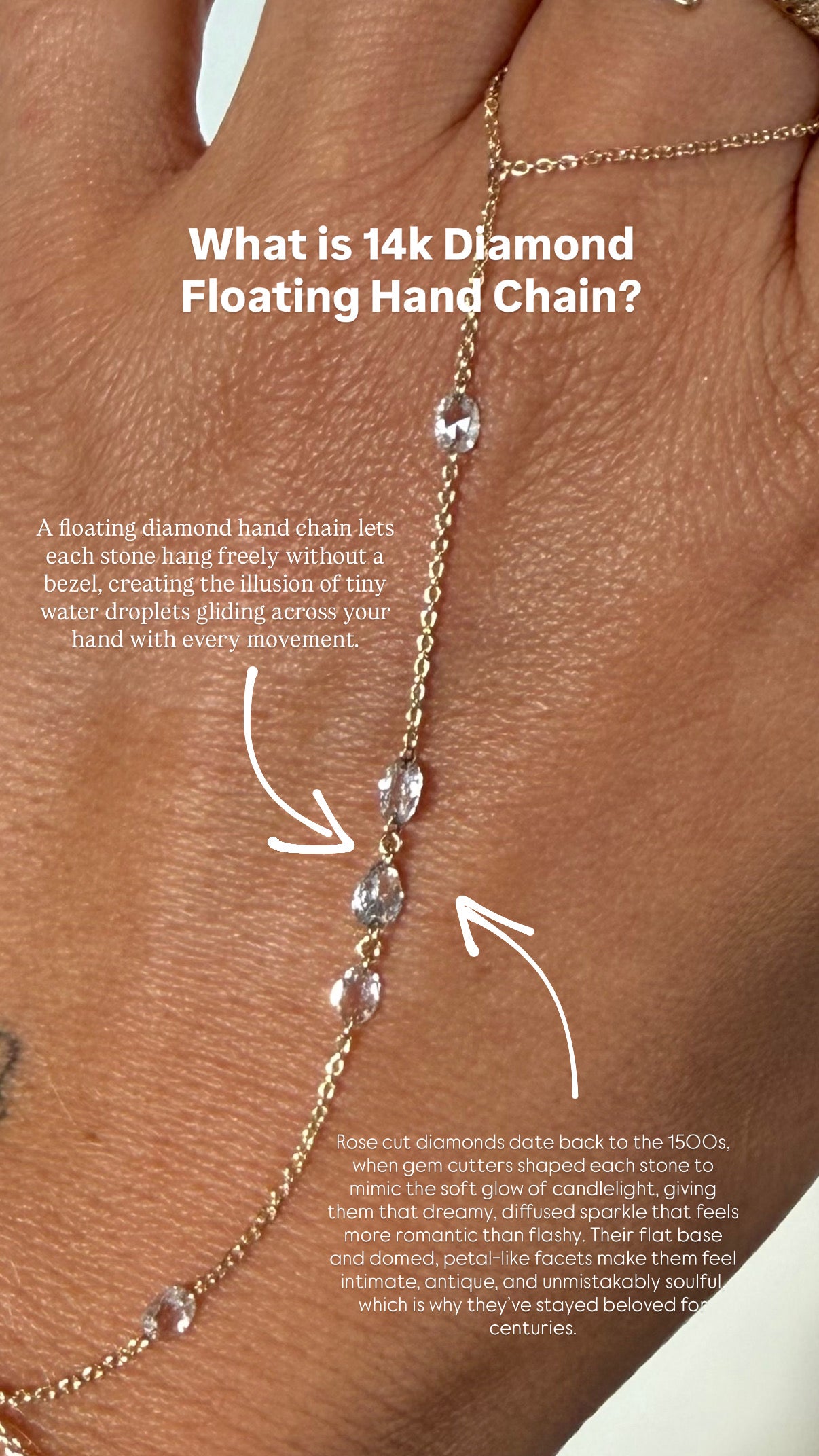 14K Floating Antique Rose Cut Diamond Hand Chain