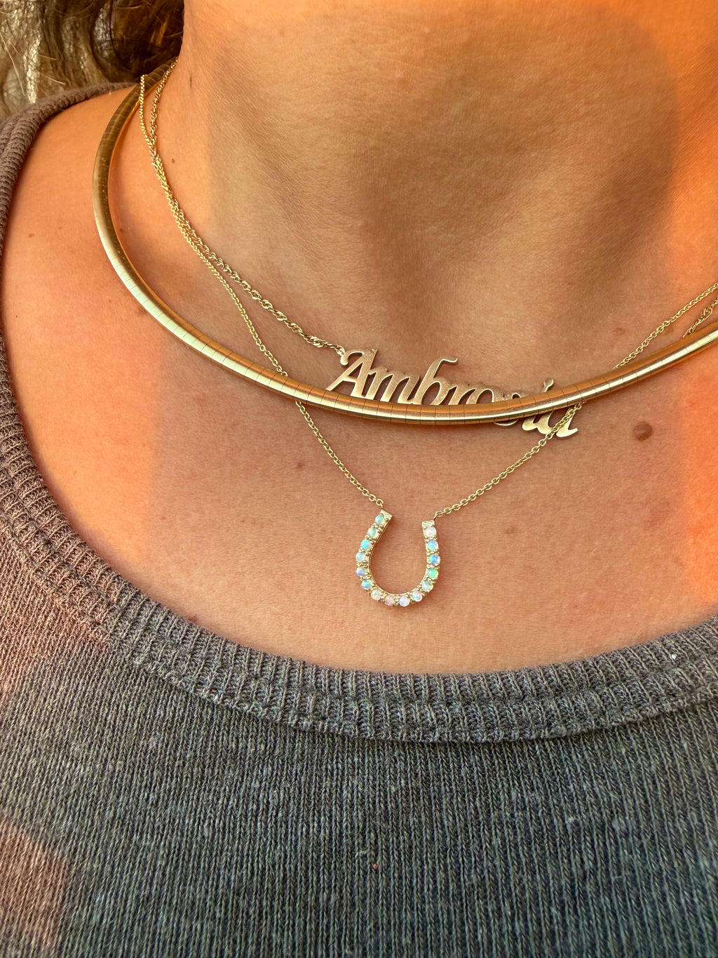 14K Gold Opal Station Horseshoe Necklace