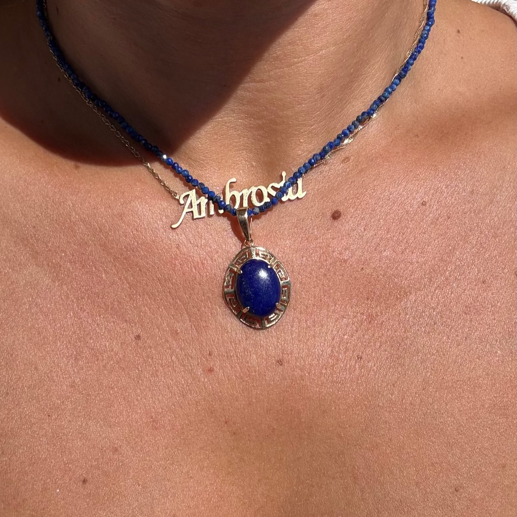 14K Gold Greek Key Lapis Lazuli Pendant