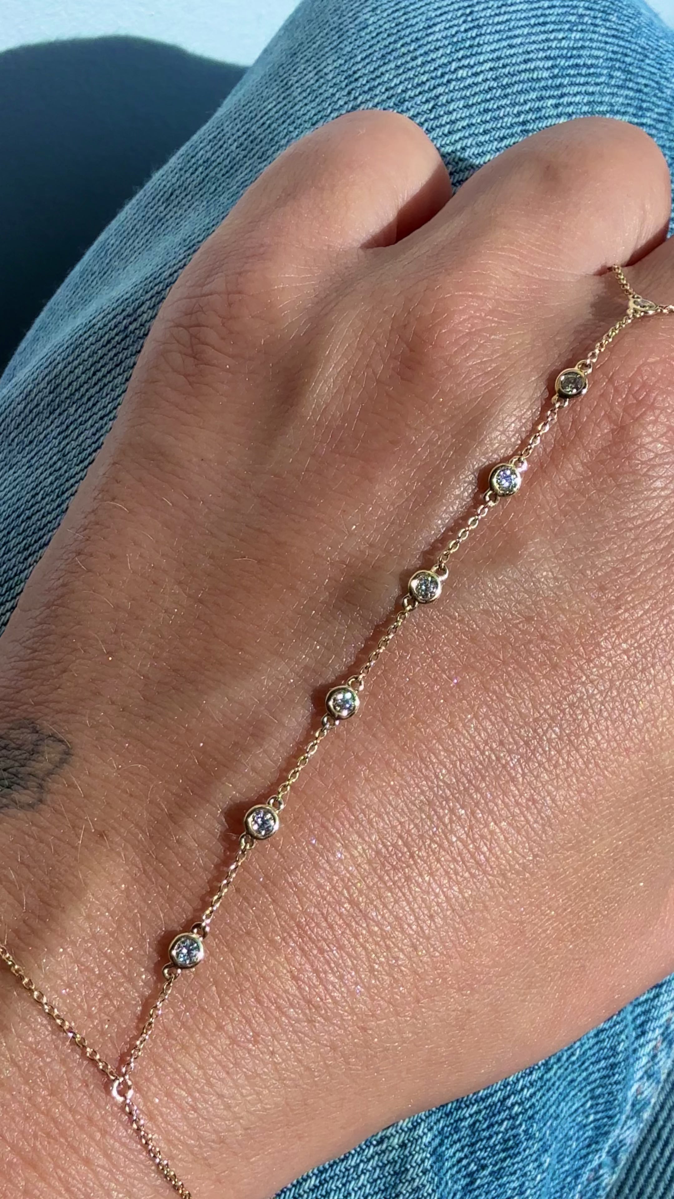 The Alignment Hand Chain, 14K Gold with 7 Mini Diamond Bezels