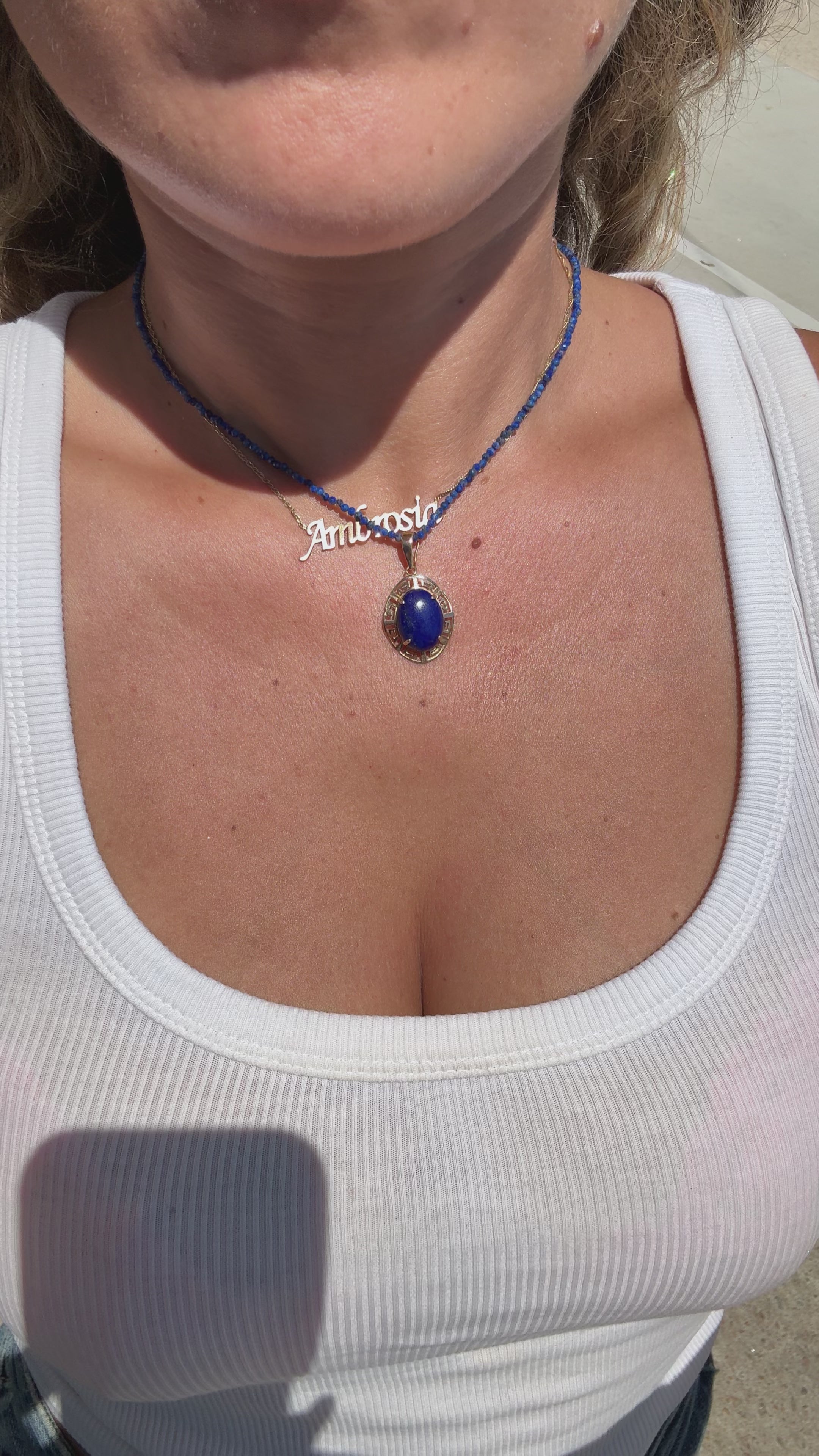 14K Gold Greek Key Lapis Lazuli Pendant