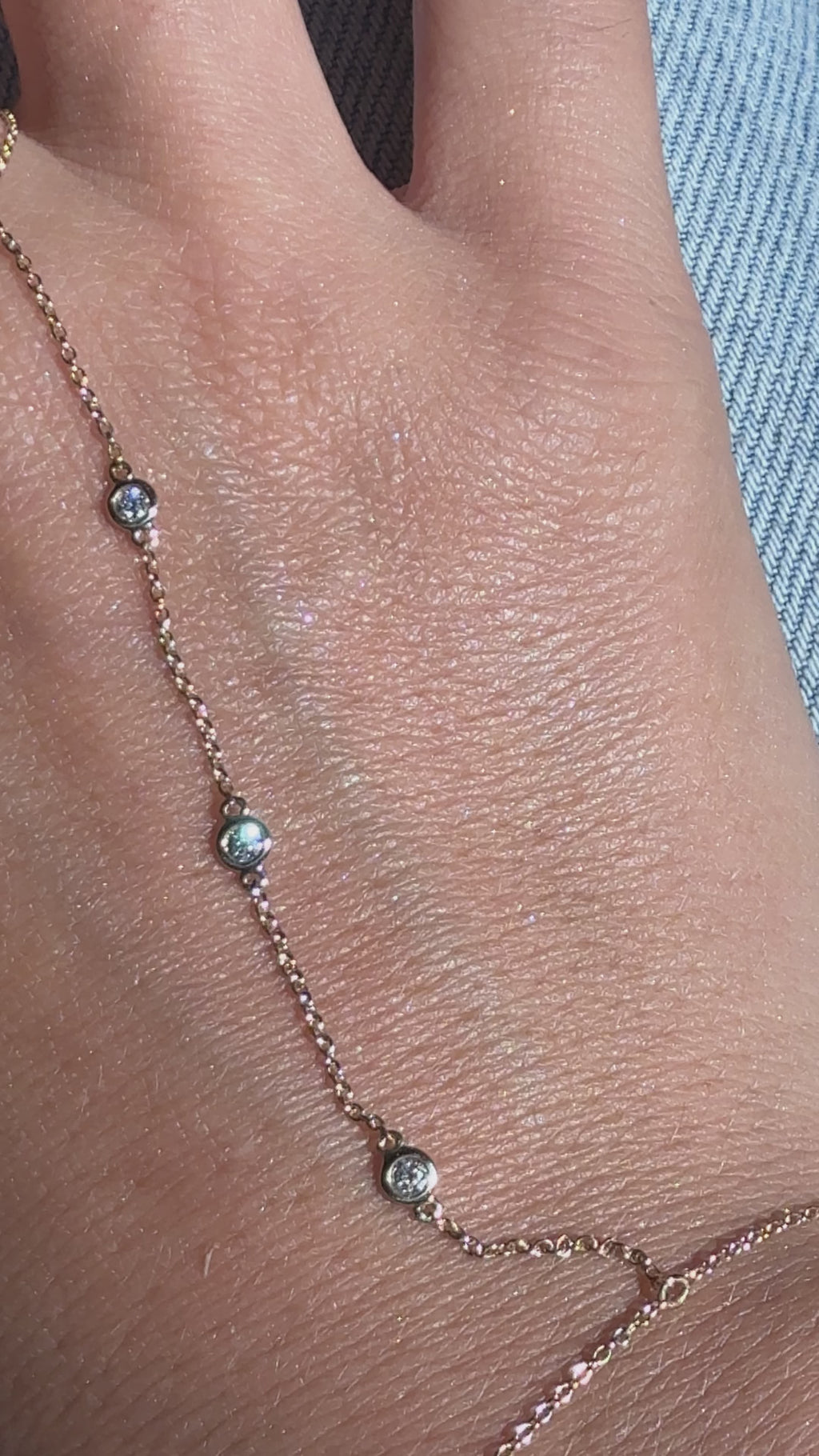 14K Three Diamond Bezel Hand Chain