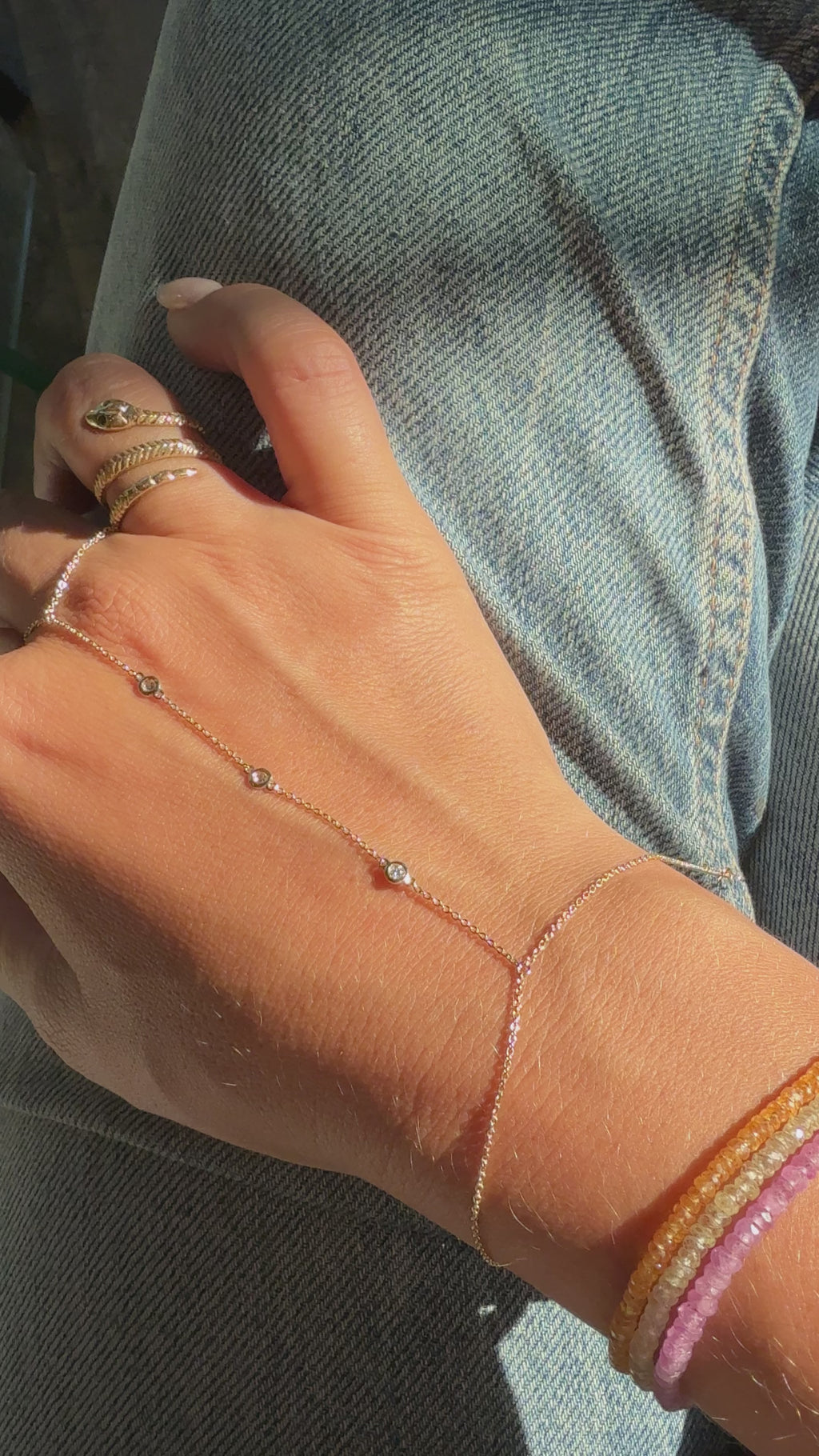 14K Three Diamond Bezel Hand Chain