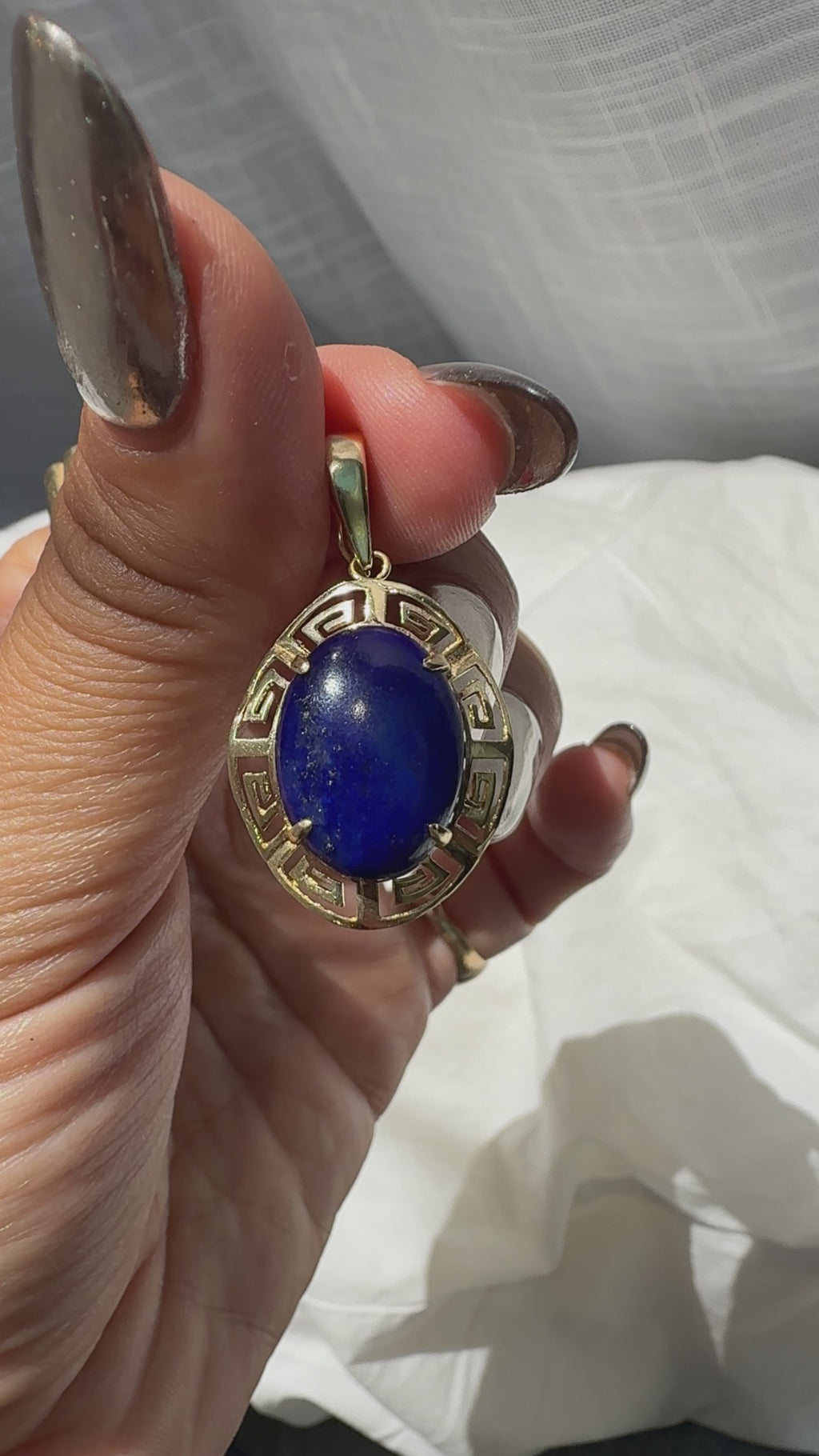 14K Gold Greek Key Lapis Lazuli Pendant