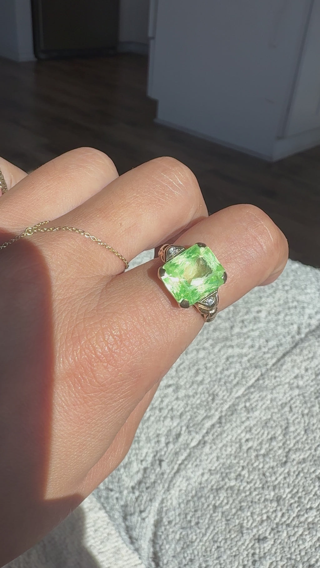 Art Deco 14K Green Glass & Diamond Ring