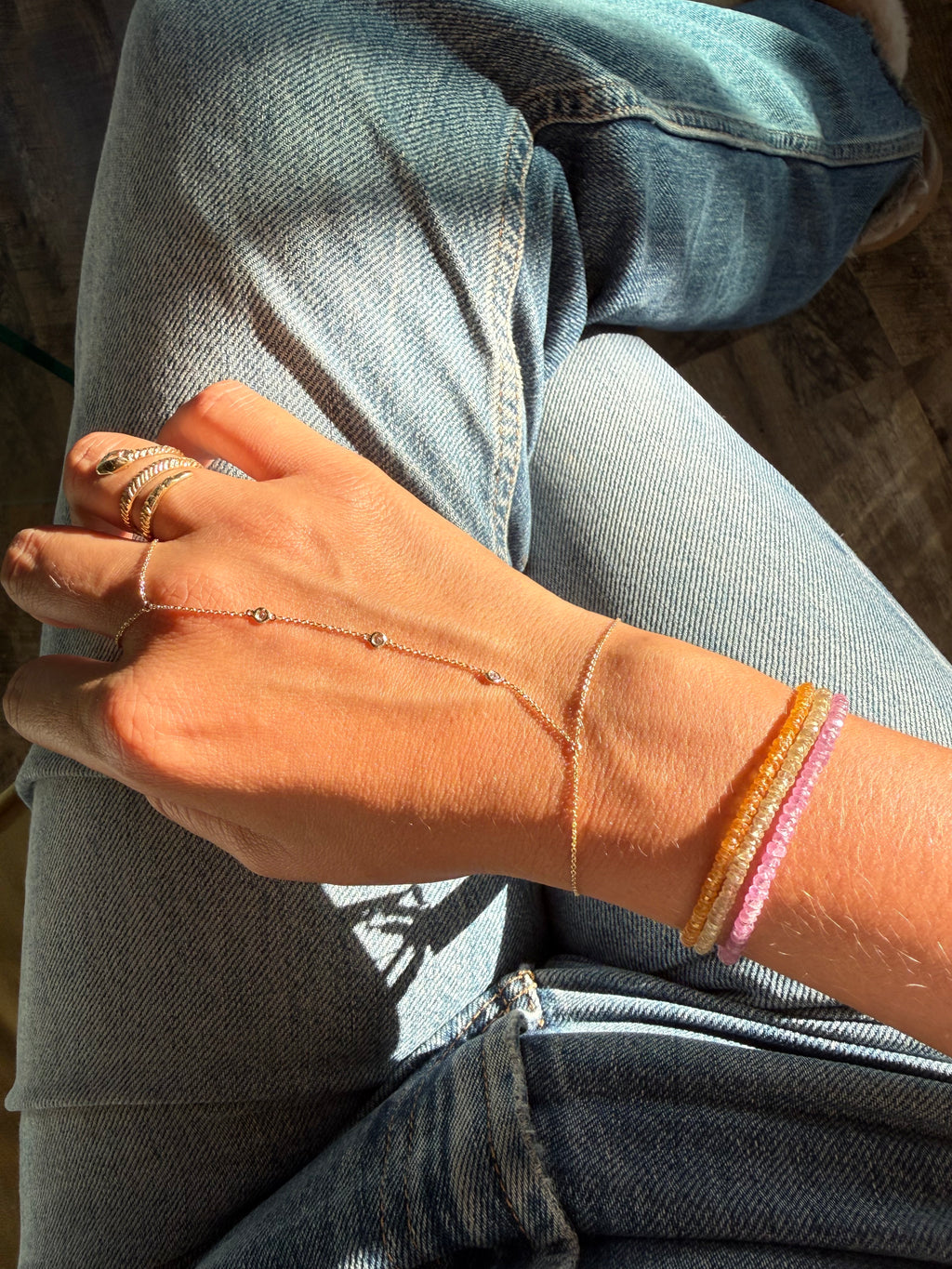 14K Three Diamond Bezel Hand Chain